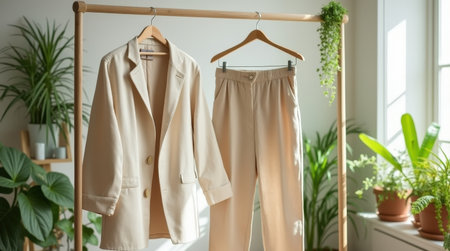 A beige linen jacket and organic cotton pants hang elegantly in a sunny room adorned with green plants, showing a stylish outfit.の素材