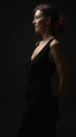 A woman poses gracefully in a black dress, showcasing elegance and poise with a simple floral accent in her hair.の素材