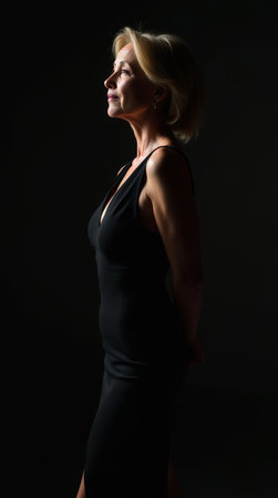 A woman stands gracefully in profile, showcasing a stylish black dress and serene expression in subdued light.の素材