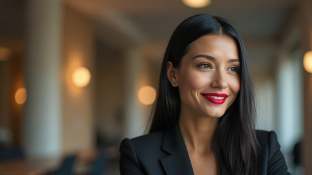 A woman with long dark hair smiles confidently while posing in a contemporary office environment during the day.の素材