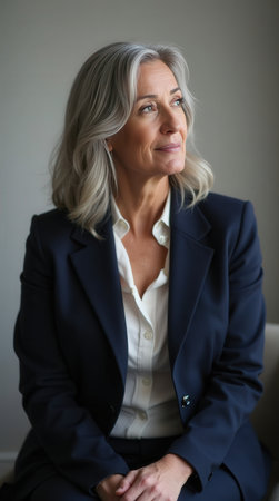 A thoughtful woman with gray hair sits in a modern environment, dressed in a dark suit, looking off into the distance.の素材