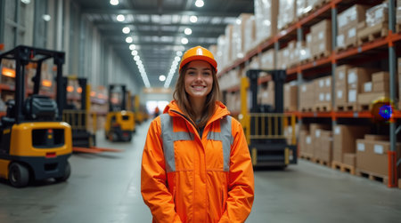 A female warehouse worker wearing bright safety gear stands confidently among shelves filled with boxes, showcasing a busy workplace environment.の素材