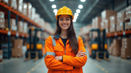 Woman wearing an orange safety jacket and hard hat smiles confidently while standing in a busy warehouse filled with pallets.の素材