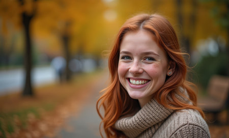 A young woman with red hair smiles brightly while walking through a park surrounded by fall foliage, showing the beauty of the season.の素材