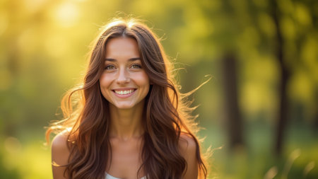 Bright sunlight highlights the joyful expression on a young woman's face as she stands surrounded by lush greenery in a park.の素材