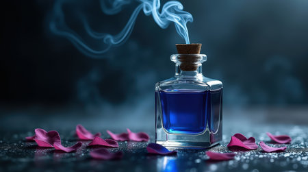 A glass bottle filled with deep blue liquid stands among scattered rose petals, with wisps of smoke curling upward in a dimly lit setting.の素材
