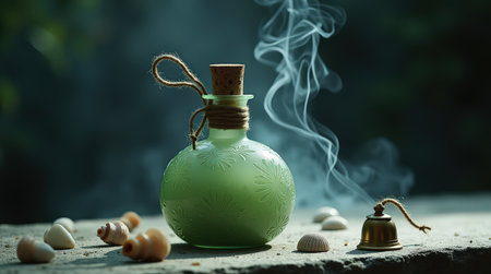 A glass potion bottle emits smoke beside seashells on a textured stone surface, creating a mystical atmosphere.の素材