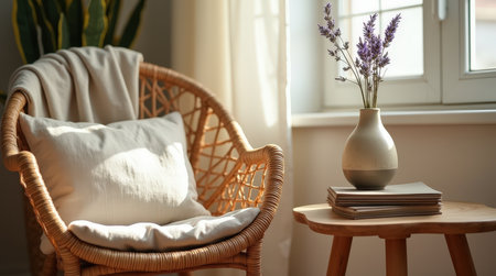 A woven chair with soft cushions is positioned beside a wood table, adorned with a vase of lavender. Sunlight filters through the window.の素材