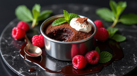 A rich chocolate mousse sits elegantly in a metal dish, surrounded by fresh raspberries and mint leaves, creating an inviting treat.の素材