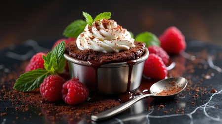 Rich chocolate dessert in a bowl garnished with whipped cream, raspberries, and mint leaves on a dark surface.の素材