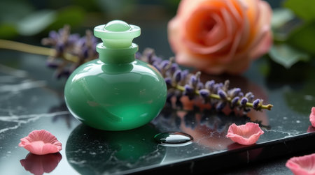 A delicate green perfume bottle on black marble, surrounded by colorful flowers and soft petals, creates a serene atmosphere.の素材