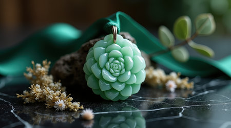 A green jade pendant shaped like a flower is displayed on dark marble alongside small flowers and a green ribbon.の素材