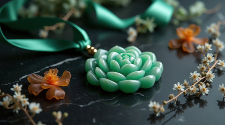 A jade succulent pendant surrounded by flowers creates a tranquil, elegant arrangement. The contrasting colors accentuate the beauty of nature.の素材