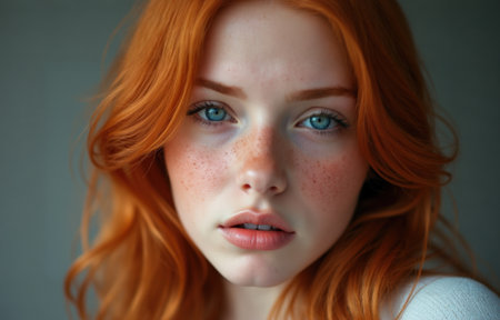 Young woman showcases her vibrant red hair and dewy skin, radiating natural beauty in soft lighting. Her captivating blue eyes draw attention.の素材