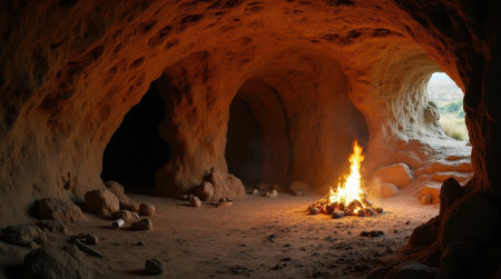 Dimly lit prehistoric cave shows rough stone walls adorned with ancient paintings, while a warm campfire flickers in the center.の素材