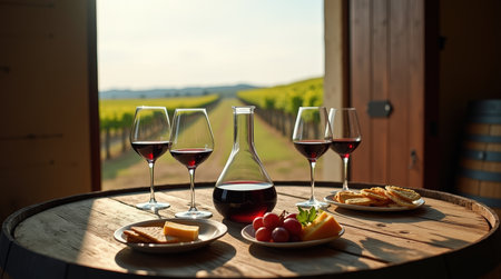 A beautiful wine tasting arrangement features three crystal glasses filled with red wine, surrounded by cheese, fruit, and a scenic view of vineyards.の素材