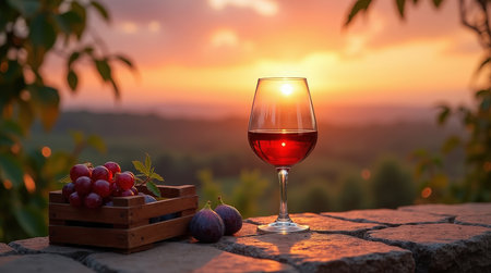 A glass of port wine rests on a stone terrace, accompanied by grapes and figs, as the sun sets over the picturesque landscape.の素材