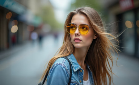 A fashionable young woman with long hair strolls through a city street wearing trendy yellow-tinted sunglasses and a casual outfit.の素材