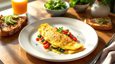 A vibrant breakfast features a golden omelette filled with vegetables, served with toast and a side salad. Fresh juice completes the meal.の素材