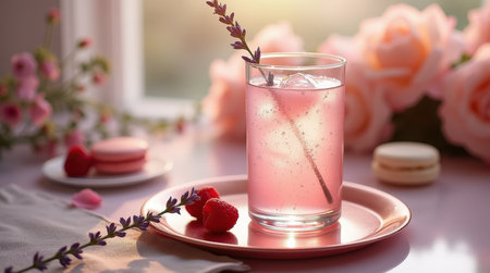 A glass of pink liqueur with ice sits on a plate alongside raspberries and macarons. Soft sunlight illuminates a floral background.の素材