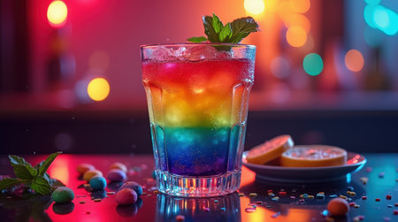 Vibrant rainbow cocktail sits on a bar table, garnished with mint and accompanied by orange slices and colorful candy scattered around.の素材