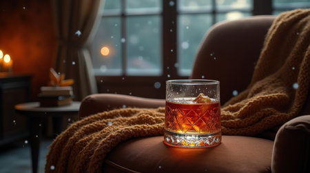 A cozy glass of brandy sits on a side table near a warm, inviting chair as gently snow falls outside, creating a serene winter atmosphere.の素材