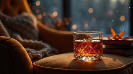 A beautifully crafted glass of brandy rests on a plush chair, surrounded by soft fabrics and warm light, perfect for winter relaxation.の素材