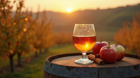 Golden calvados rests on a barrel near fresh apples and cinnamon, bathed in warm sunset light amidst a charming orchard.の素材