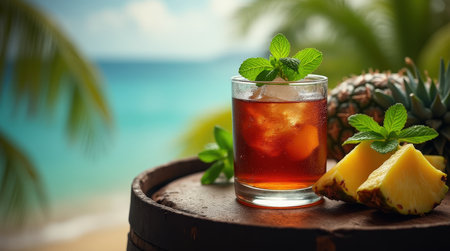 A refreshing dark rum drink garnished with mint and served with pineapple sits on a barrel near a tropical beach.の素材
