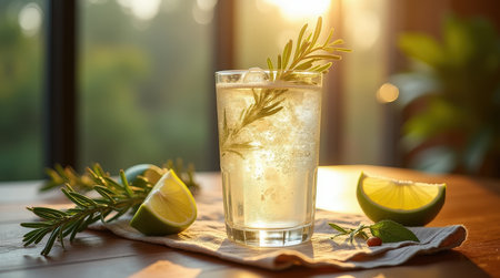 A delightful gin cocktail garnished with fresh botanicals and citrus slices is displayed on a wooden table, basking in warm sunlight.の素材