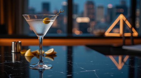 A polished martini glass sits on a sleek marble table, complemented by citrus garnishes, with a vibrant city skyline in the background.の素材