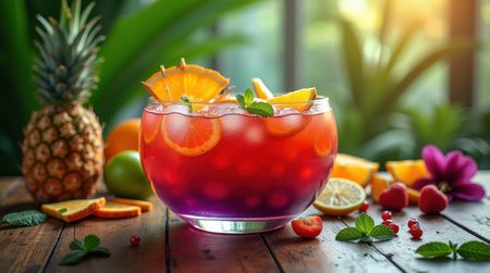 A vibrant punch bowl filled with colorful fruits sits on a wooden table, surrounded by tropical greenery and bathed in warm sunlight.の素材