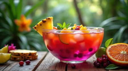 Bright, refreshing tropical punch fills a bowl adorned with pineapple, oranges, and berries, capturing a vibrant summer essence in a garden.の素材