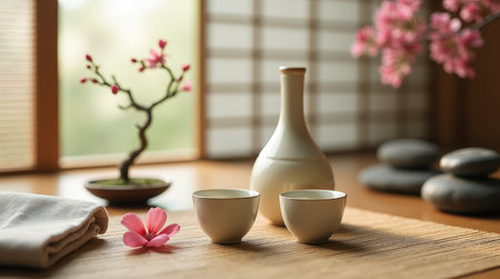 A quiet arrangement features a sake bottle, cups, and cherry blossoms in a calming environment, ideal for relaxation and contemplation.の素材