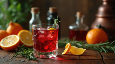 A rich vermouth cocktail over ice, garnished with citrus and herbs, sits on a rustic wooden table with oranges nearby.の素材