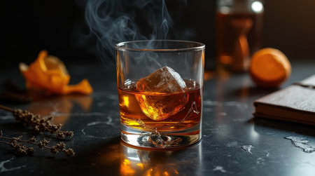 A glistening glass of whiskey sits on a dark surface, adorned with ice and swirling smoke, surrounded by citrus and herbs.の素材