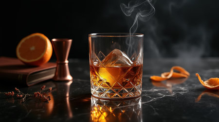 Whiskey is served over ice in a crystal glass, releasing smoke. Nearby, an orange slice and a jigger add to the ambiance.の素材
