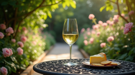 A glass of white wine sits on a wrought-iron table alongside cheese and crackers, surrounded by blooming roses in a tranquil garden.の素材