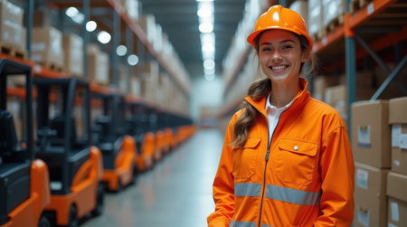 Woman wearing an orange safety jacket and hard hat smiles confidently while standing in a busy warehouse filled with pallets.の素材