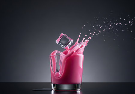 A refreshing Bandung drink, a classic Malaysian rose beverage with milk. The ice cube creates a beautiful splash, capturing a moment of dynamic action.の素材
