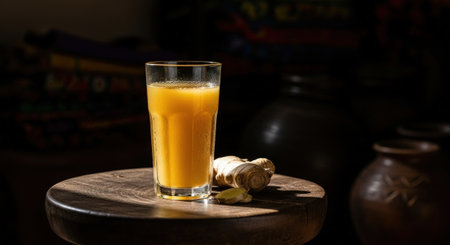 A tall glass of refreshing Jamaican ginger beer. The spicy, homemade drink is served with fresh ginger root on a rustic wooden stool.の素材