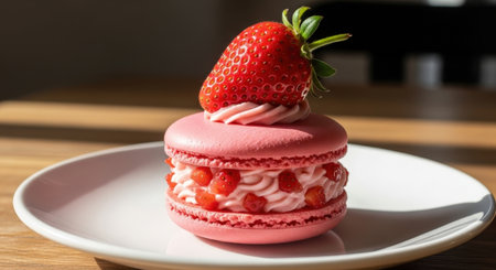 Gourmet pink strawberry macaron with a creamy filling, a delicious French dessert. This elegant pastry is filled with cream and fresh strawberry pieces.の素材