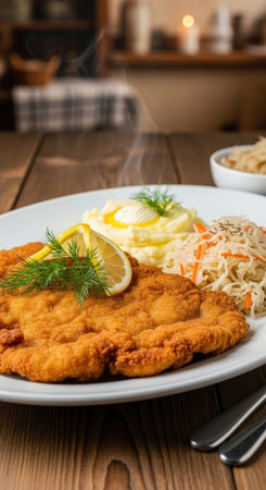 Traditional polish kotlet schabowy with mashed potatoes, a classic dinner meal. This crispy breaded pork cutlet is served with sauerkraut.の素材