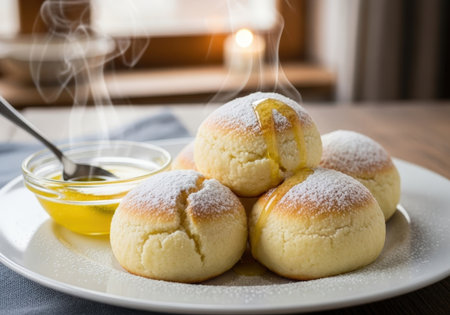 Steaming hot pampuchy, traditional Polish yeast dumplings, with powdered sugar and melted butter. This warm and fluffy dessert is a classic comfort food.の素材