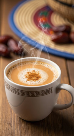 Traditional Somali shaah cadays a spiced milk tea, a hot and sweet beverage. This creamy tea is served in a mug with dates and a traditional hat.の素材