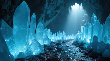 Explore a stunning crystal cave where enormous translucent crystals emerge from the ground, illuminated by soft light streaming through the entrance.の素材
