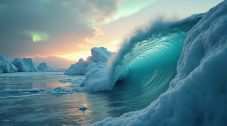 Massive waves are caught in mid-motion against a backdrop of stunning icy formations at dusk, creating a surreal coastal view.の素材