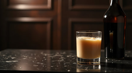 A rocks glass filled with creamy liqueur rests on a dark table, accompanied by a bottle nearby, suggesting a moment of relaxation.の素材