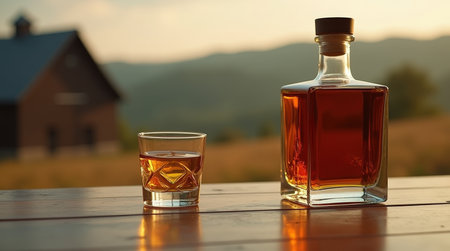 A rocks glass filled with bourbon is placed next to a bottle with a blank label, set against a sunset in a tranquil outdoor setting.の素材