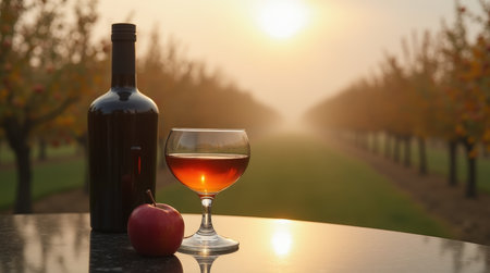 A snifter of Calvados sits beside a minimalist bottle, reflecting the beauty of a Normandy orchard at sunset.の素材